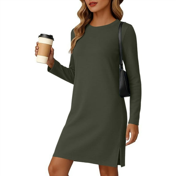 LEKWK Long Sleeve Dress for Women Crew Neck Casual Mini Dress ComfortableSide Slit Slim Fit Dress Office Work Daily Spring outfits