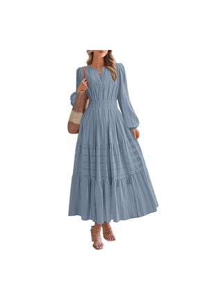 Long Sleeve Dress for Women V Neck Smocked Waist Maxi Dress Casual Tiered Ruffle A Line Spring Dresses Work Office Elegant Flowy Modest Wear