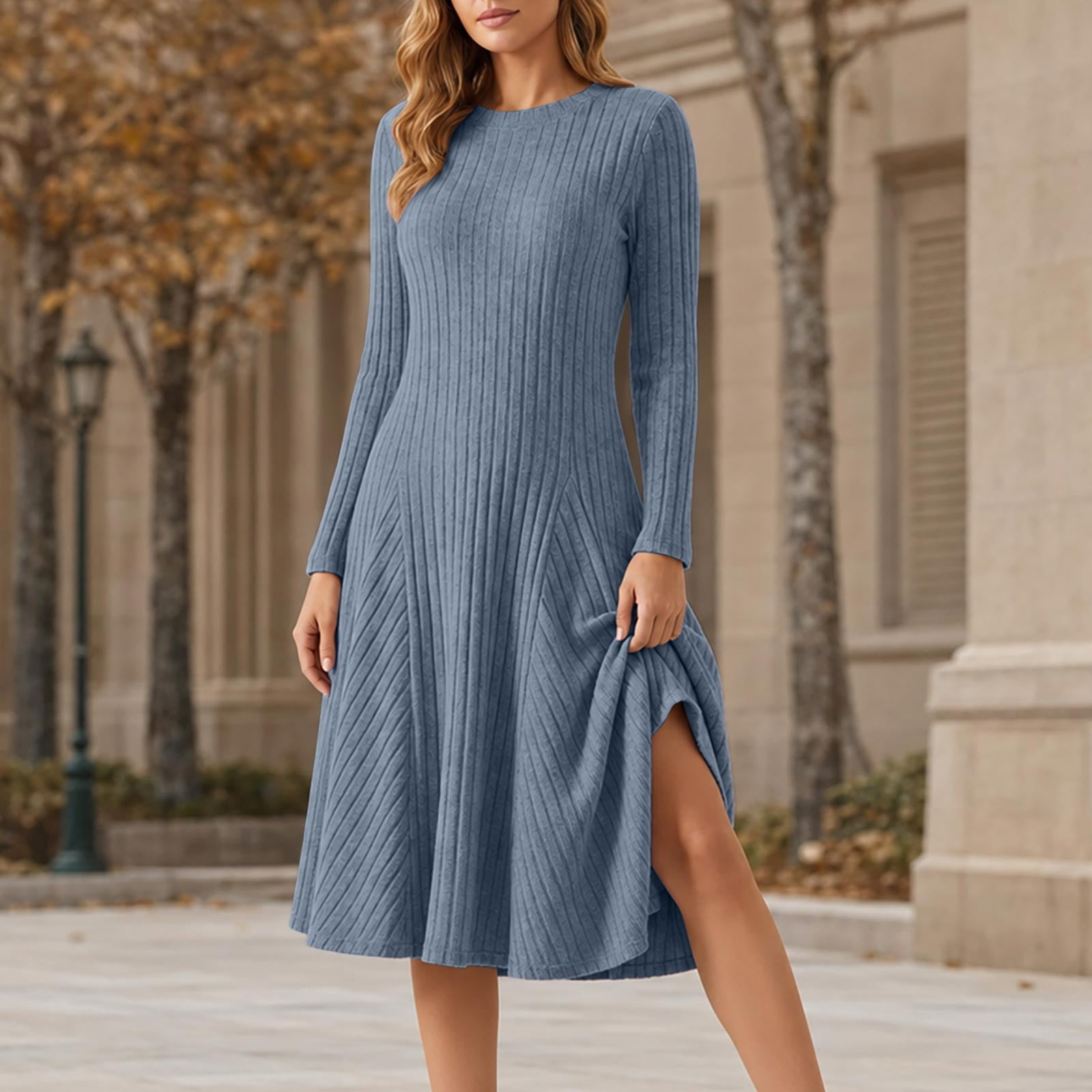 LEKWK Long Sleeve Midi Dress for Women Ribbed Knit Long Sleeve Elegant ...