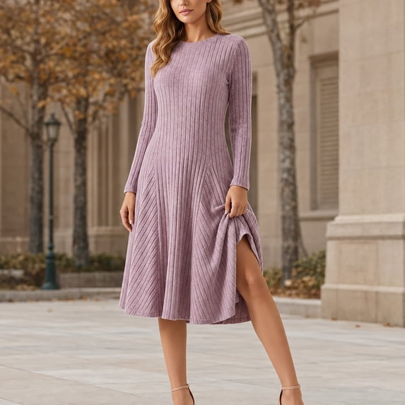 Dressing Styl LEKWK Long Sleeve Midi Dress for Women Ribbed Knit Long Sleeve Elegant ...