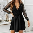 thumbnail image 1 of LEKWK Long Sleeve Mini Dress for Women Sheer Mesh Sleeve V Neck Elegant Dress Polka Dot Tie Waist Party Wedding Guest Fall Outfit Black S, 1 of 6
