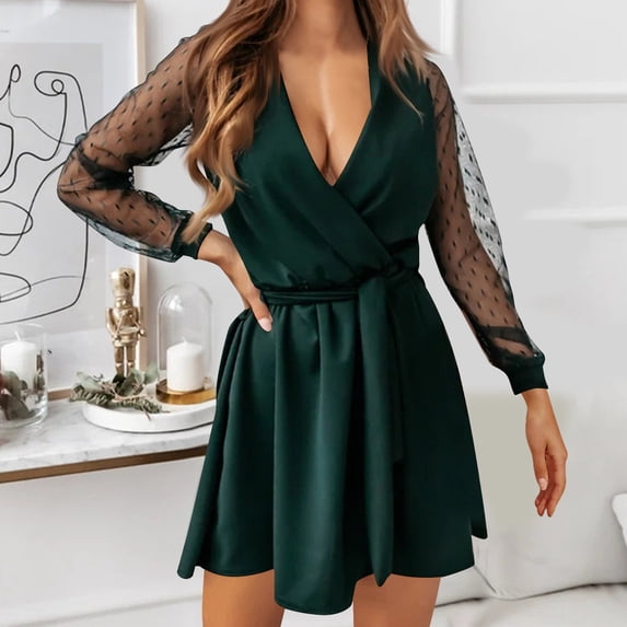LEKWK Long Sleeve Mini Dress for Women Sheer Mesh Sleeve V Neck Elegant Dress Polka Dot Tie Waist Party Wedding Guest Fall Outfit Green M