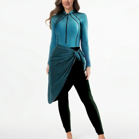 LEKWK Long Sleeve Rash Guard for Women Zip Front One Piece Swimsuit with Skirt Overlay Modest Surfing Bathing Suits Summer Beach Sports Swim Outfits