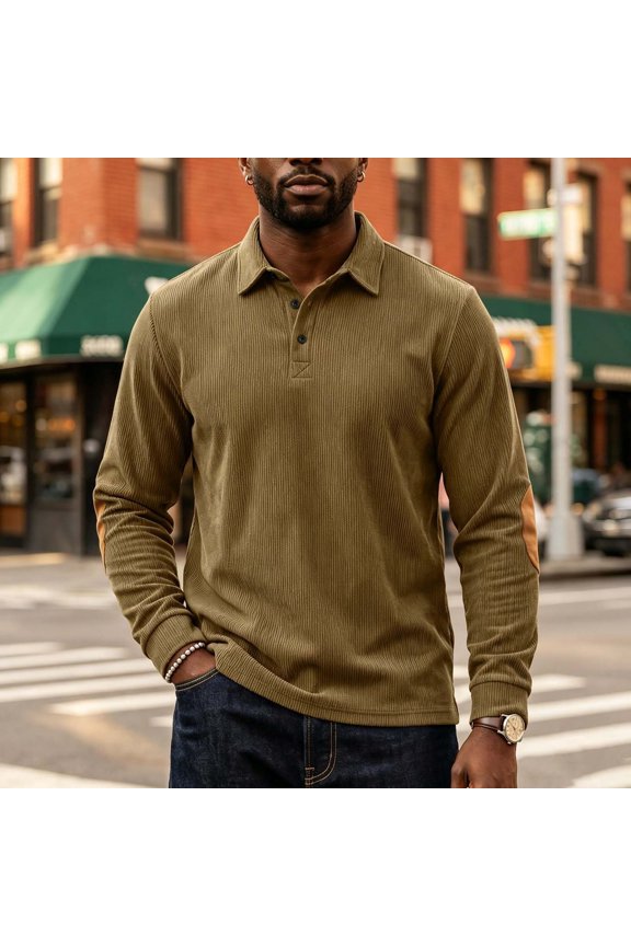 Long Sleeve Shirt for Men Ribbed Collared Three Button Placket with Contrast Elbow Patches and Ribbed Cuffs Relaxed Fit Casual Pullover Top for Work Travel Golf and Everyday Style