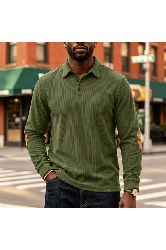 Long Sleeve Shirt for Men Ribbed Collared Three Button Placket with Contrast Elbow Patches and Ribbed Cuffs Relaxed Fit Casual Pullover Top for Work Travel Golf and Everyday Style
