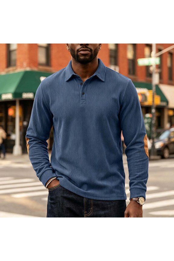 Long Sleeve Shirt for Men Ribbed Collared Three Button Placket with Contrast Elbow Patches and Ribbed Cuffs Relaxed Fit Casual Pullover Top for Work Travel Golf and Everyday Style