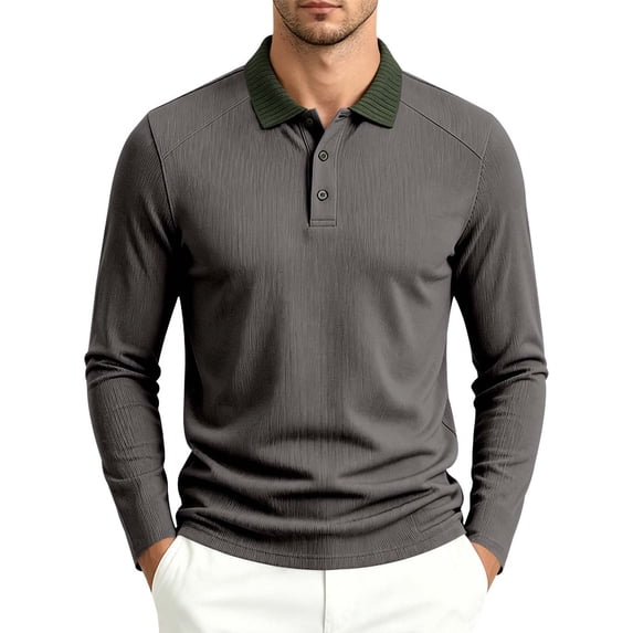 LEKWK Long Sleeve Shirts for Men Collared Contrast Ribbed Collar Golf Shirt Textured Lightweight Casual Button Top Slim Fit for Tennis Business Smart Casual