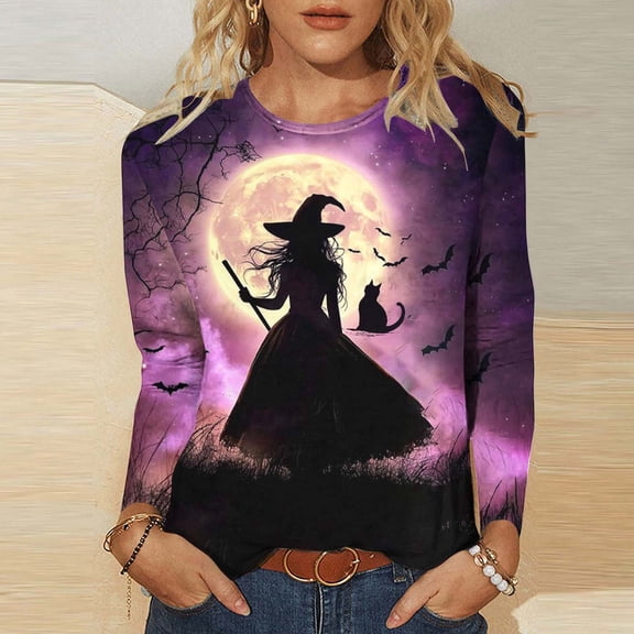 LEKWK Long Sleeve Shirts for Women Plus Size Crew Neck Cute Printed Graphic T Shirts Fall Holiday Party Halloween Oversized Tops,Size S-5XL