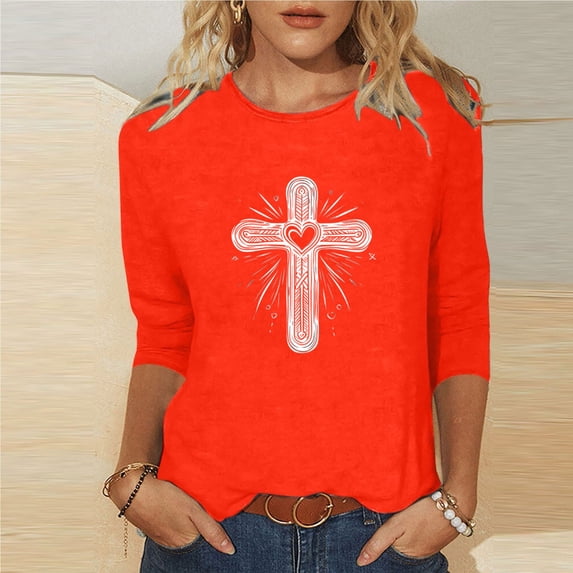 LEKWK Long Sleeve Tees for Women Faith Cross Graphic Graphic Tees Round Neck Casual Tops Heart Detail Religious Easter Church Wear