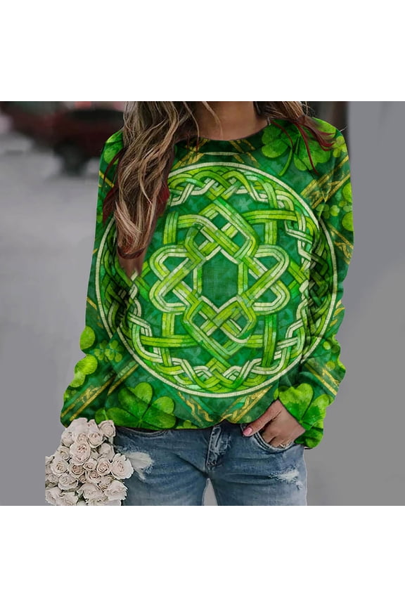 Long Sleeve Tops for Women Loose Fit Crewneck Graphic Tees Regular Sleeve Casual Shirts Green Diamond Argyle Plaid Clover Pattern Tops