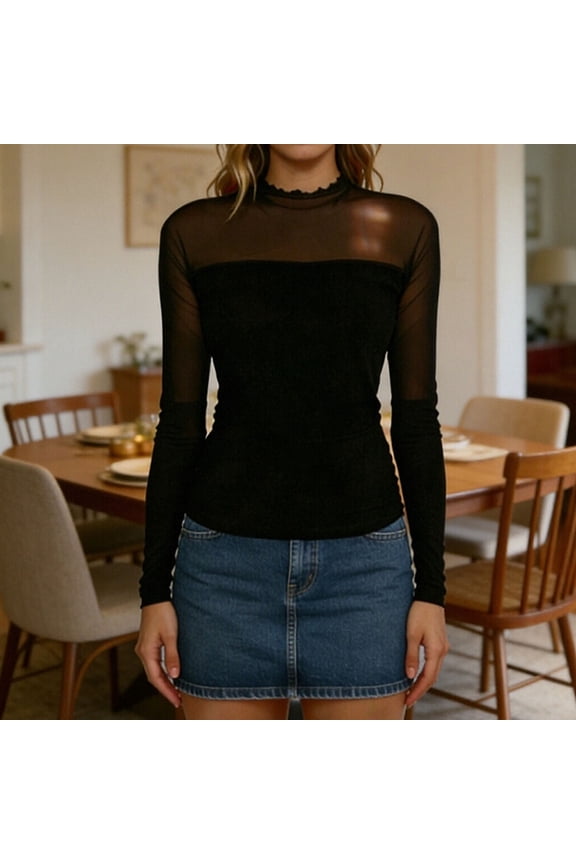 Long Sleeve Tops for Women Slim Fit Mock Neck Layering Tops Mesh Sheer Panel Tops Solid Minimalist Party Clubwear Wear