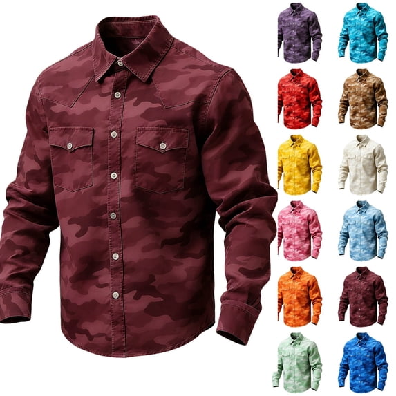 LEKWK Long Sleeve Work Shirts for Men Regular Fit Western Shirts Double Pocket Button Down Shirts Long Sleeve Camouflage Outdoor Hiking Shirt