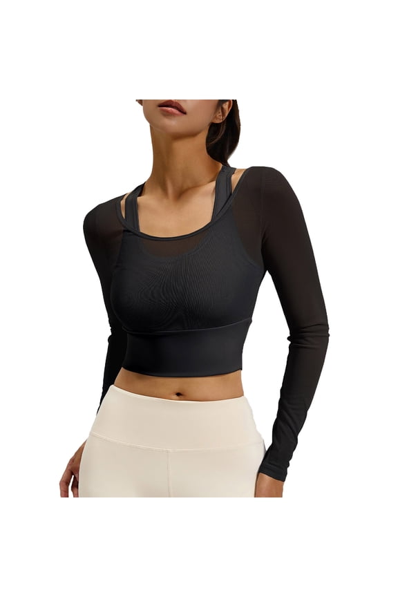 Long Sleeve Workout Tops for Women Slim Fit Scoop Neck Crop Tops Mesh Sheer Gym Tops Two-Piece Look Detail Running Athletic Wear