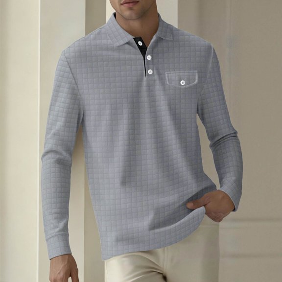 LEKWK Long Sleeve collared Shirts for men Casual Quilted Textured Golf Tops with Chest Pocket Button Placket Athletic Pullover Shirts for Fall Winter Work Everyday Gray L