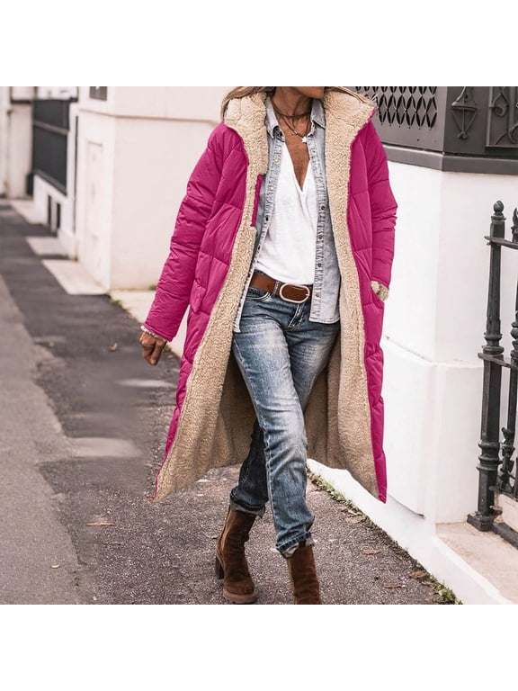 Long Winter Coats for Women Fleece Lined Zip up Hooded Padded Jacket Reversible Thicken Warm Sherpa Quilted Coat Long Sleeve Soild Parka Outerwear Oversized Thermal Puffer Jackets with Pockets