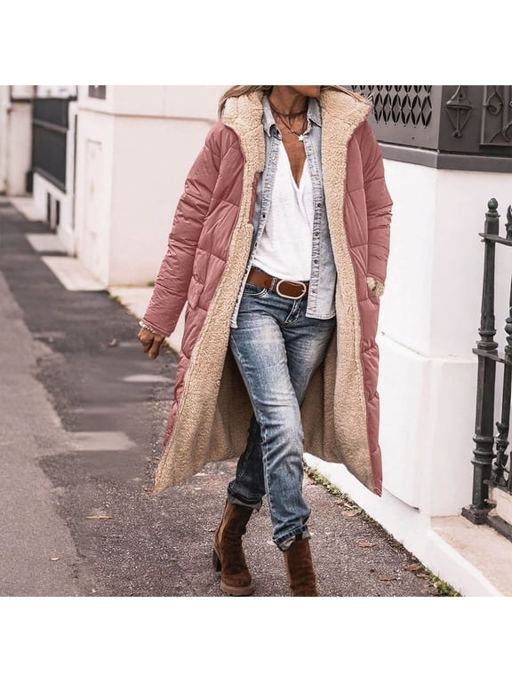 Long Winter Coats for Women Fleece Lined Zip up Hooded Padded Jacket Reversible Thicken Warm Sherpa Quilted Coat Long Sleeve Soild Parka Outerwear Oversized Thermal Puffer Jackets with Pockets