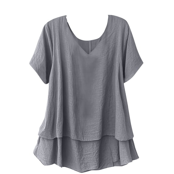 LEKWK Loose Linen Tops for Women Double Layer Flowy V-Neck Tunic Tops Loose Fit Dressy Short Sleeve Summer Blouses Ruffled Hem Beach Holiday Outfits