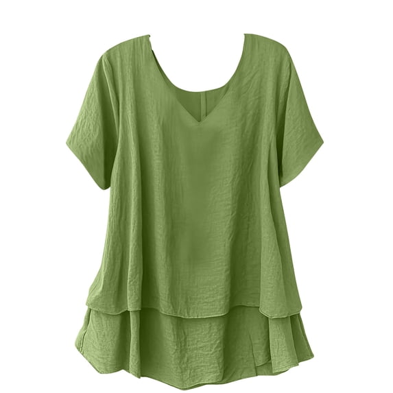 LEKWK Loose Linen Tops for Women Double Layered Hem Flowy Tops V-Neck Short Sleeve Summer Blouses Ruffle Plain Soft Breathable Beach Holiday Wear