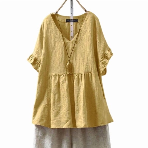 LEKWK Loose Linen Tops for Women Double Layered Hem Flowy Tops V-Neck Short Sleeve Summer Blouses Ruffle Plain Soft Breathable Beach Holiday Wear