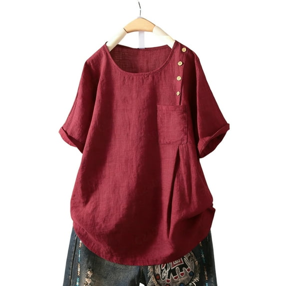 LEKWK Loose Linen Tops for Women Double Layered Hem Flowy Tops V-Neck Short Sleeve Summer Blouses Ruffle Plain Soft Breathable Beach Holiday Wear