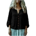 thumbnail image 1 of LEKWK Loose Linen Tops for Women Puff Sleeve V-Neck Button Down Shirt Boho Tops Tunic Tops Solid Pleated Soft Fall Beach Outfits, 1 of 7