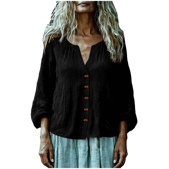 LEKWK Loose Linen Tops for Women Puff Sleeve V-Neck Button Down Shirt Boho Tops Tunic Tops Solid Pleated Soft Fall Beach Outfits