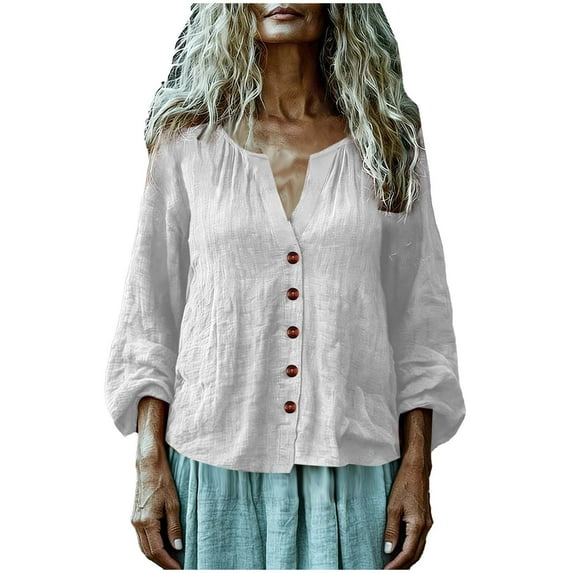 LEKWK Loose Linen Tops for Women Puff Sleeve V-Neck Button Down Shirt Boho Tops Tunic Tops Solid Pleated Soft Fall Beach Outfits