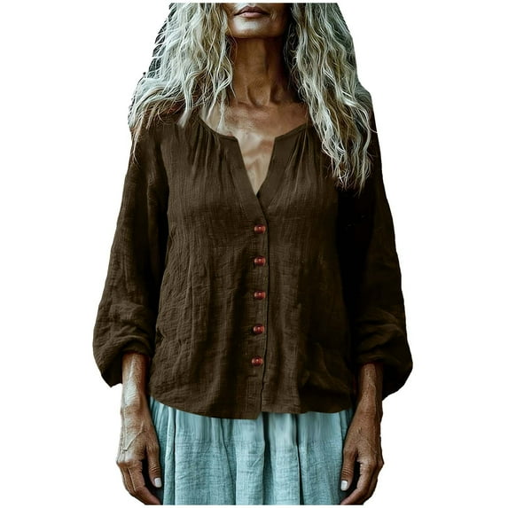 LEKWK Loose Linen Tops for Women Puff Sleeve V-Neck Button Down Shirt Boho Tops Tunic Tops Solid Pleated Soft Fall Beach Outfits