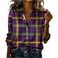thumbnail image 1 of LEKWK Mardi Gras Shirts Plaid Check Pattern Button Down Blouses & Button-Down Shirts Long Sleeve Lapel Neck Casual Work Office Wear Outfits, 1 of 5