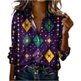 thumbnail image 1 of LEKWK Mardi Gras Shirts for Women Beaded Chain Stripe Button Down Blouses & Button-Down Shirts Long Sleeve Lapel Neck Casual Daily Wear, 1 of 5
