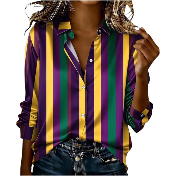 LEKWK Mardi Gras Shirts for Women Beaded Chain Stripe Button Down Blouses & Button-Down Shirts Long Sleeve Lapel Neck Casual Daily Wear