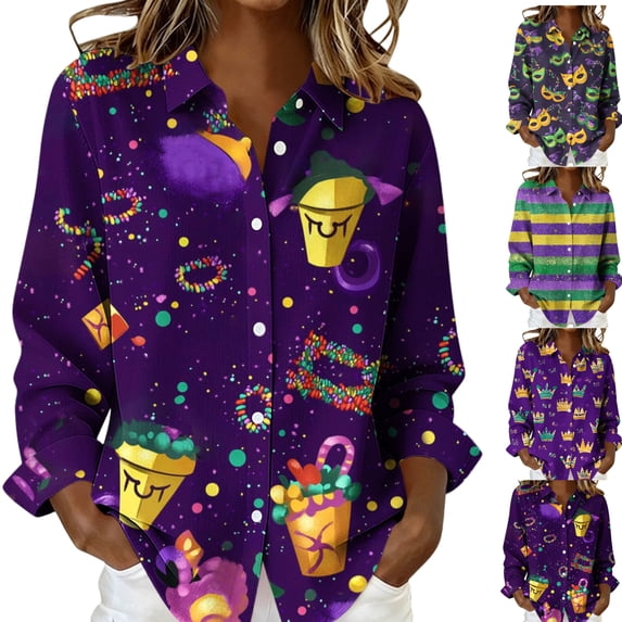 LEKWK Mardi Gras Shirts for Women Fun Party Food Graphic Print Dress Blouses Long Sleeve Button Down Casual Daily Outfits