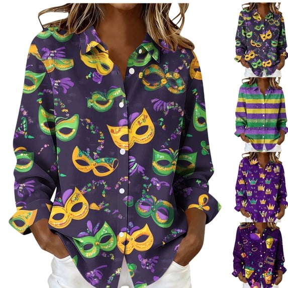LEKWK Mardi Gras Shirts for Women Fun Party Food Graphic Print Dress Blouses Long Sleeve Button Down Casual Daily Outfits