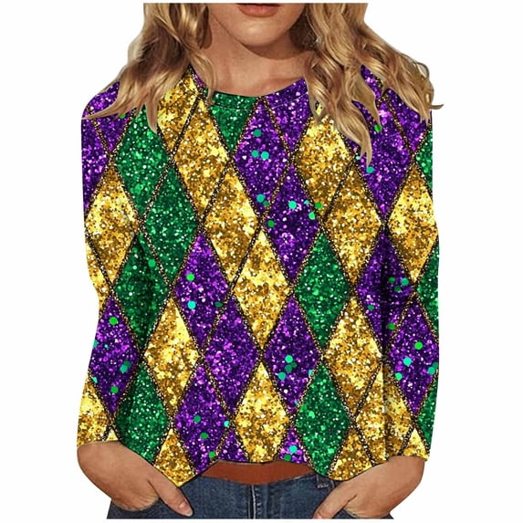 LEKWK Mardi Gras Shirts for Women Intricate Mask Graphic Slim Fit Long Sleeve Tops Crew Neck Casual Daily Trendy Tops Outfits
