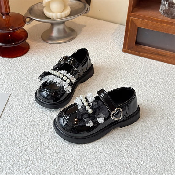 LEKWK Mary Jane Shoes for Girls Lace Tulle Bow Pearl Thick Thick Sole Soft Comfort School Uniform Dress Shoes Toddler Kids Wedding Party Back to School Outfits