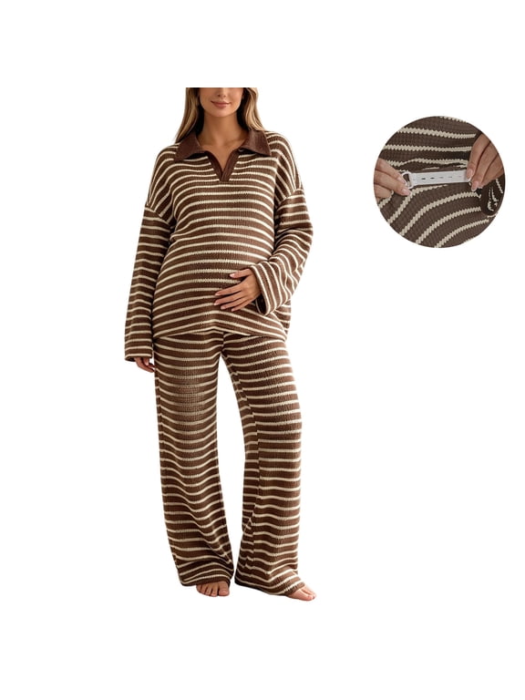 Maternity Lounge Set Cotton Striped Collar 2 Piece Pajama Outfit Long Sleeve Wide Leg Adjustable Waist Loose Fit Pregnant Women Loungewear Home Maternity Hospital Wear