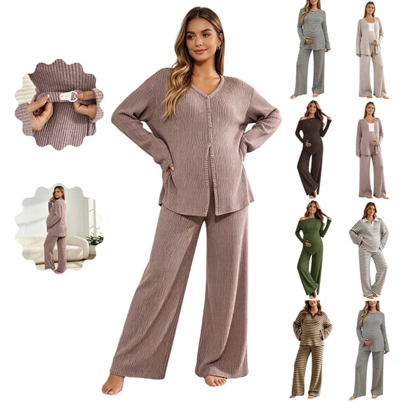 LEKWK Maternity Pajamas Nursing Breastfeeding Sleepwear Adjustable Waistband Button Down Long Sleeve Top and Pants Hospital Bag Postpartum Pregnancy Pjs