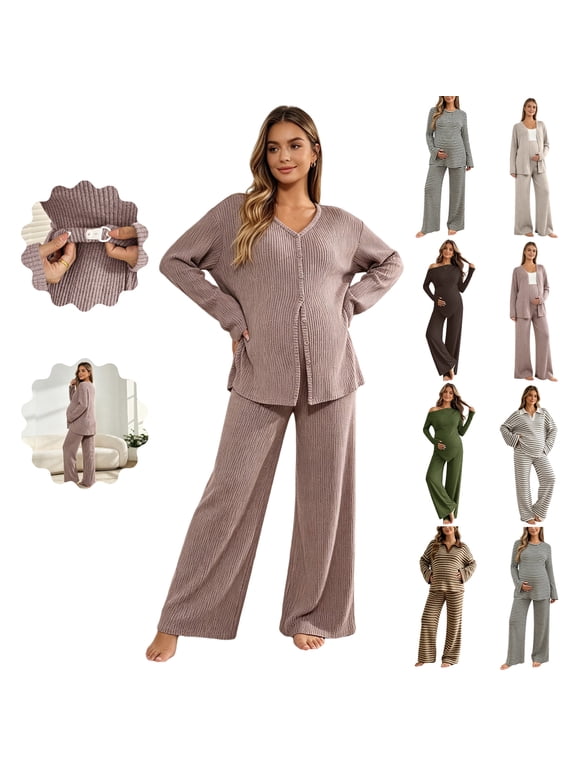 Maternity Pajamas Nursing Breastfeeding Sleepwear Adjustable Waistband Button Down Long Sleeve Top and Pants Hospital Bag Postpartum Pregnancy Pjs