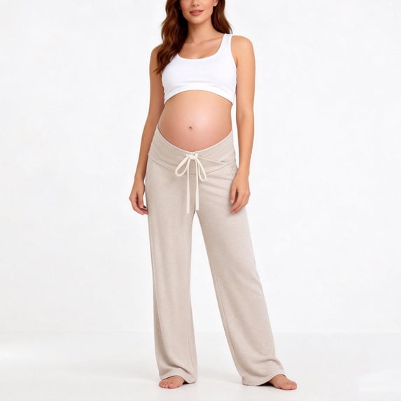 LEKWK Maternity Pants Soft High Waisted Pregnancy Pants Lightweight Smocked Elastic Waist Trousers Flowy Drawstring Plazzo Pant with Pockets Work Yoga Shopping Bottoms