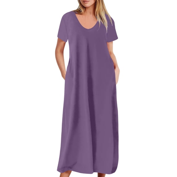 LEKWK Maxi Dress for Women Short Sleeve V Neck Tshirt Dress Loose Fit with Pockets Long Dress Casual Solid Color Comfortable Daily Home Lounge Wear