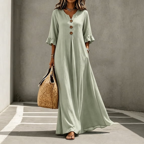 LEKWK Maxi Dresses for Women Ruffle 3/4 Sleeve V Neck Button Flowy Dress with Pockets Loose Casual Sundress with Pockets Summer Beach Vacation Outfits