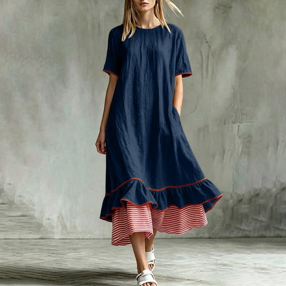 LEKWK Maxi Dresses for Women Color Block Short Sleeve Tiered Flowy Dress Ruffle Striped Hem A Line Sundress Summer Fashion Beach Vacation Outfits