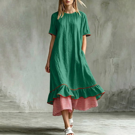 LEKWK Maxi Dresses for Women Color Block Short Sleeve Tiered Flowy Dress Ruffle Striped Hem A Line Sundress Summer Fashion Beach Vacation Outfits