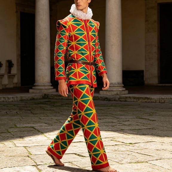 LEKWK Medieval Clown Costume Men 4 Piece Renaissance Jester Costume Ruffled Collar Geometric Print Long Sleeve Tops Pants with Belt