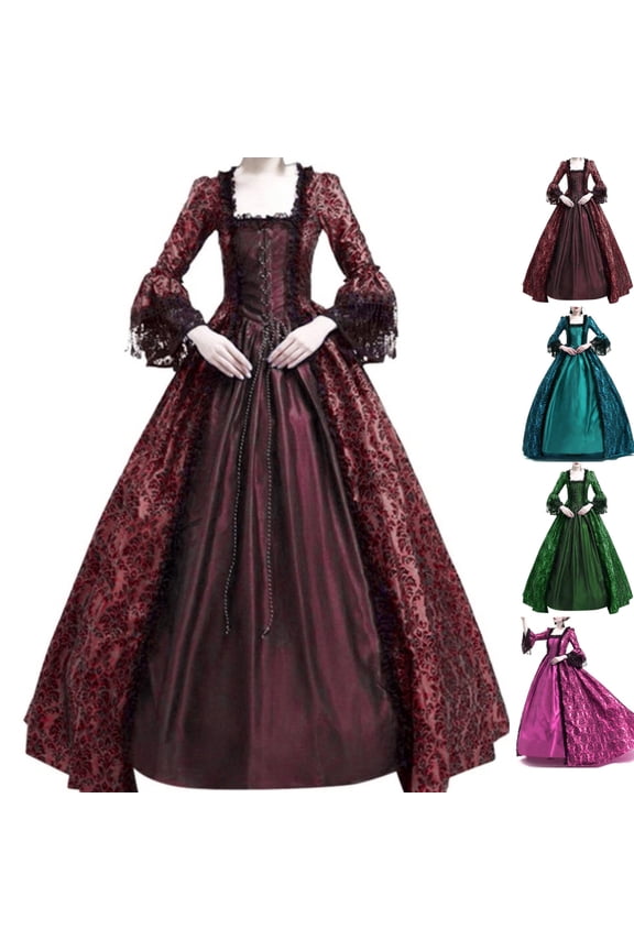 Medieval Dress for Women Vintage Renaissance Costumes Square Neck Flare Sleeve Gown Halloween Gothic Masquerade Attire