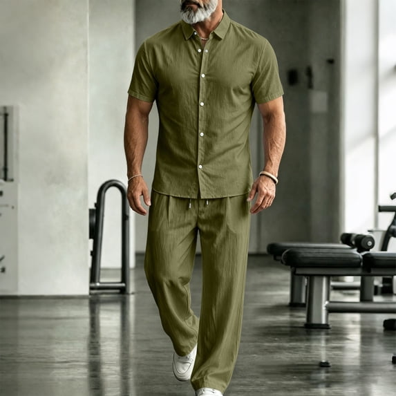 LEKWK Men Linen Sets Outfits 2 Piece Button Down Short Sleeve Collared Tops and Drawstring Wide Leg Pants Loose Fit Solid Summer Beach Vacation Resort Wear