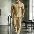 thumbnail image 1 of LEKWK Men Linen Sets Outfits 2 Piece Button Down Short Sleeve Collared Tops and Drawstring Wide Leg Pants Loose Fit Solid Summer Beach Vacation Resort Wear, 1 of 5