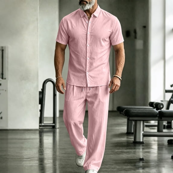 LEKWK Men Linen Sets Outfits 2 Piece Button Down Short Sleeve Collared Tops and Drawstring Wide Leg Pants Loose Fit Solid Summer Beach Vacation Resort Wear