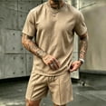 thumbnail image 1 of LEKWK Men Linen Sets Outfits 2 Piece Lightweight Loose Fit Solid Beach Vacation Summer Outfits Short Sleeve Crewneck Casual Tops and Drawstring Shorts, 1 of 6