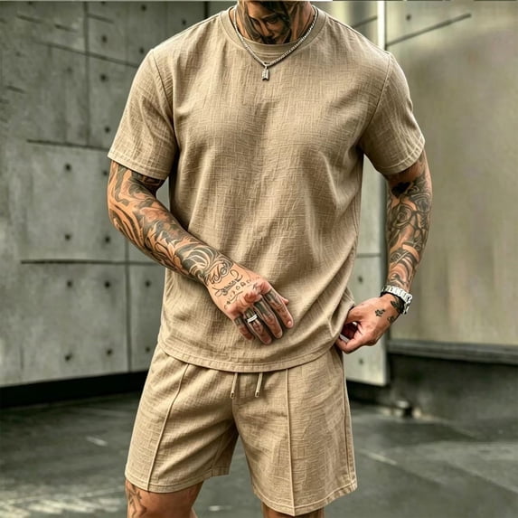 LEKWK Men Linen Sets Outfits 2 Piece Lightweight Loose Fit Solid Beach Vacation Summer Outfits Short Sleeve Crewneck Casual Tops and Drawstring Shorts